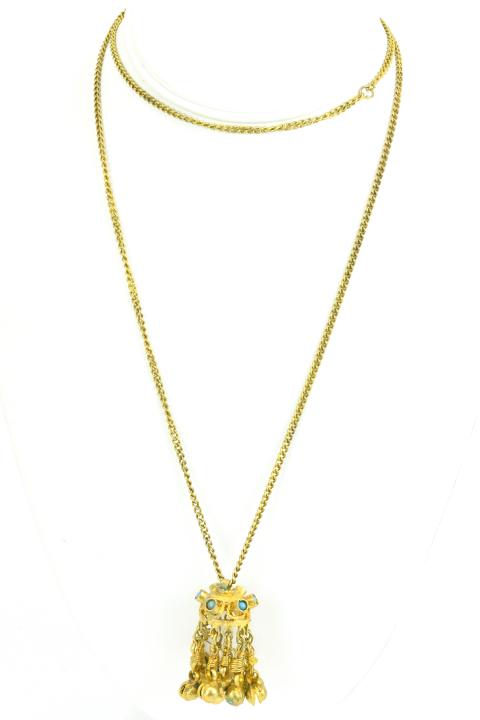 Gilt Metal Necklace Chain w Tassel Bell Pendant: Gilt Metal Necklace Chain w Tassel Bell Pendant. Set with turquoise glass cabochons. Chain measures 32 inches in length.
