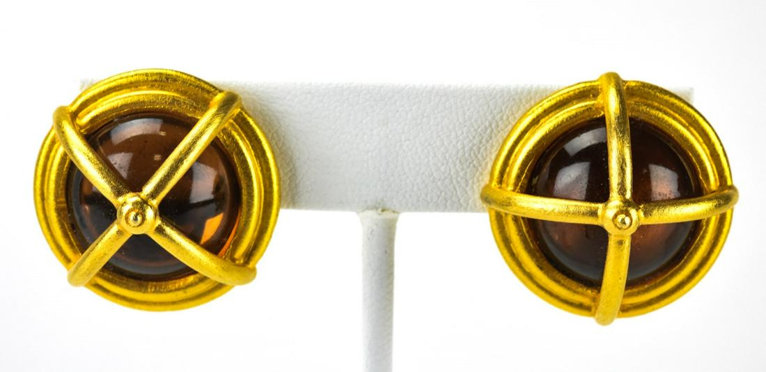 Pair 1980s Gilt Metal Faux Amber Cabochon Earrings (1 of 5)