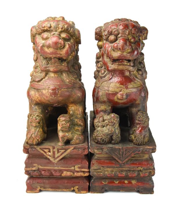 Pair Carved Red Lacquer Mounted Palace Foo Lions (1 of 10)