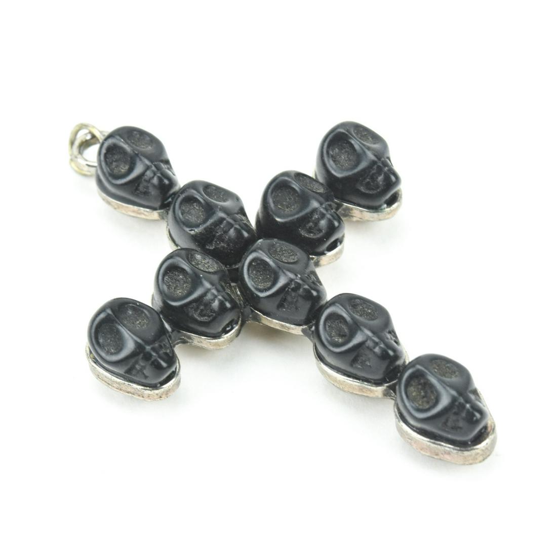 Silver & Carved Black Skull Cross Necklace Pendant (1 of 6)