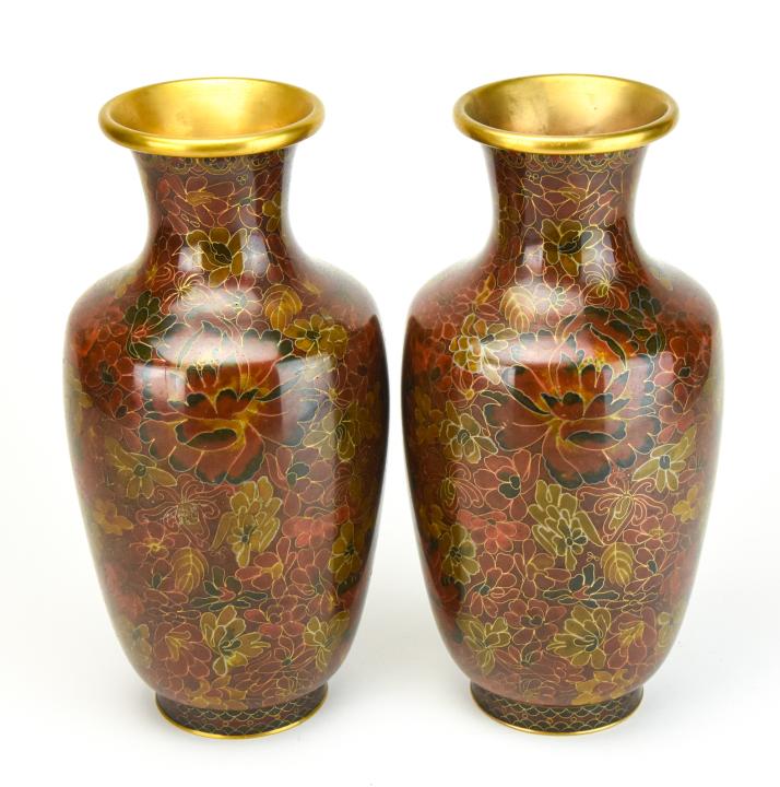 Pair Chinese Cloissone 1000 Flowers Oxblood Vases (1 of 11)