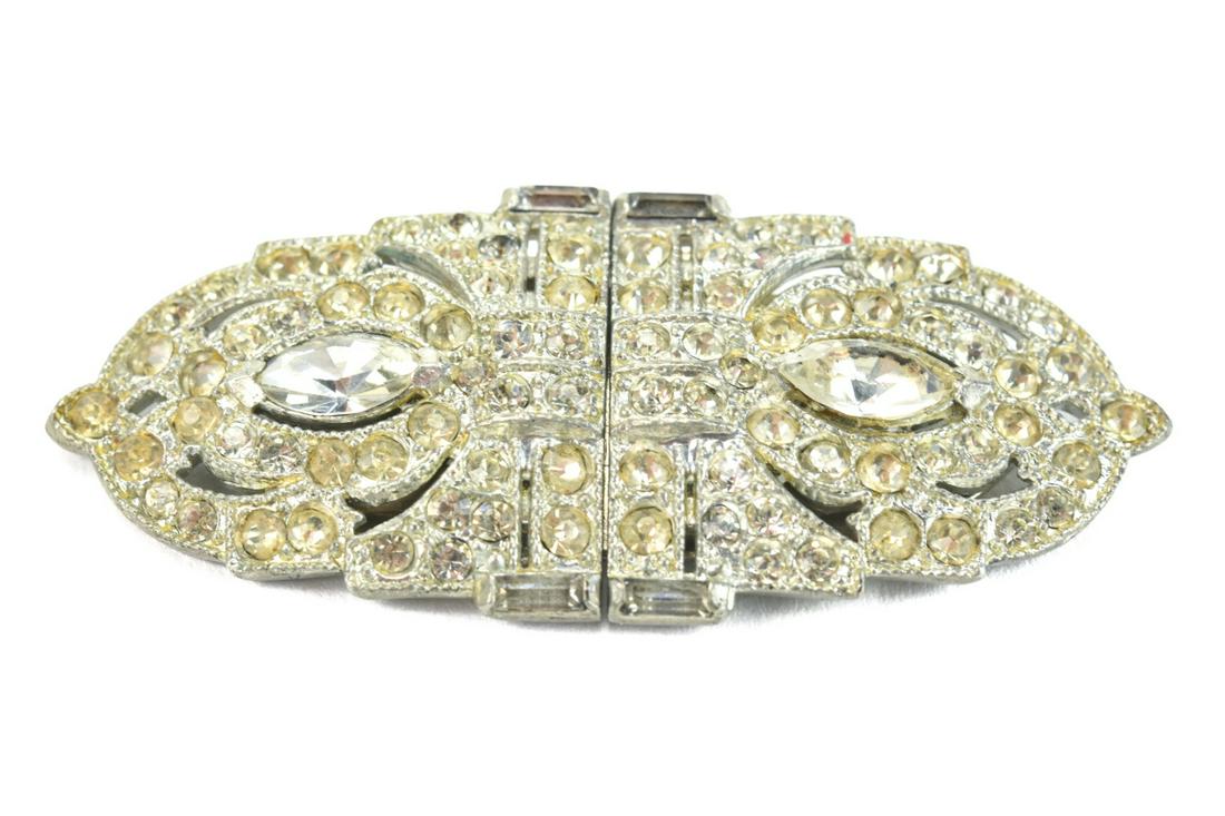 Art Deco Rhinestone Brooch Converts to Dress Clips: Antique Art Deco Rhinestone Brooch That Converts to a Pair Dress Clips. Measures 2.5 inches x 1 inch