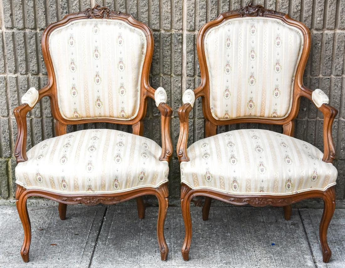 French Provincial Silk Tapestry Carved Armchairs (1 of 7)