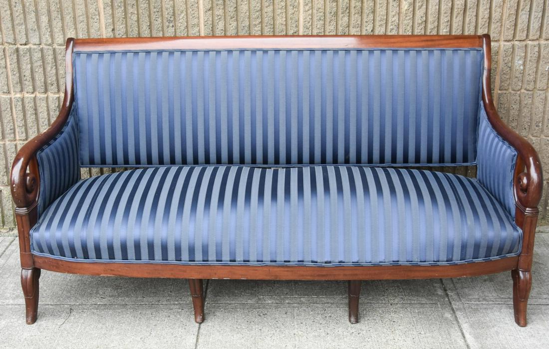 Napoleonic Blue Damask Upholstered Sofa (1 of 10)