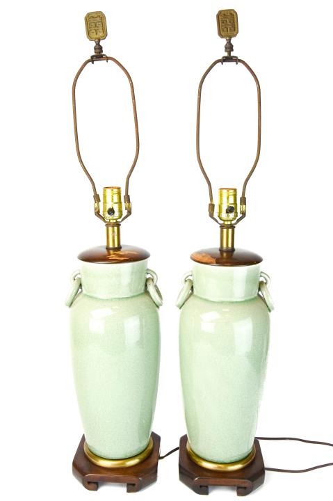 Pair Chinese Celadon Vase Mounted Table Lamps (1 of 9)