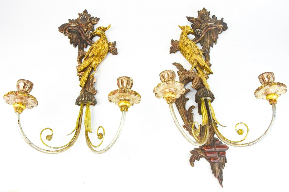 Florentine Carved Sconces w Phoenix & Tole Accents: Pair Florentine Hand Carved Sconces w Phoenix & Tole Accents. Measures 24 inches x 12.5 inches x 7 inches.