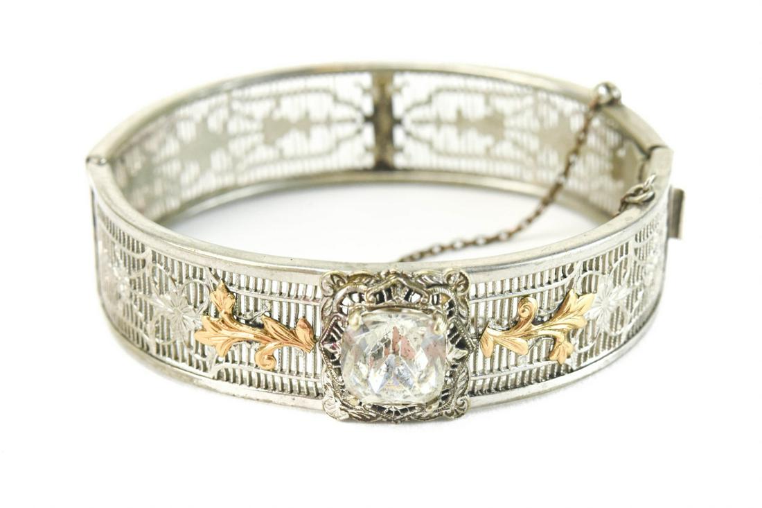 2 Tone Filigree Hinged Bracelet w Paste Stone (1 of 8)