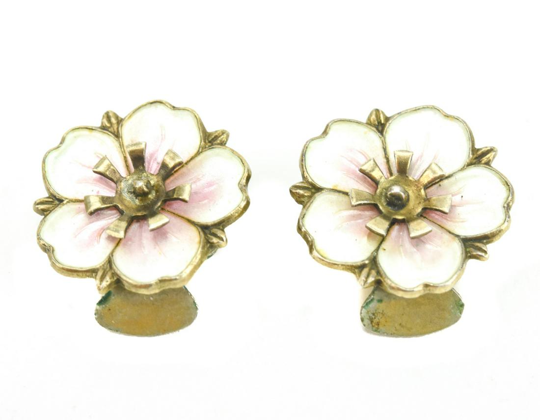 Pair Antique White Enamel Pansy Flower Earrings (1 of 7)