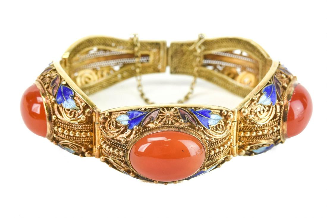 Chinese Filigree & Enamel Bracelet w Carnelian: Chinese Filigree & Enamel Bracelet with Carnelian Cabochons. With safety. Measures 7 inches in length.