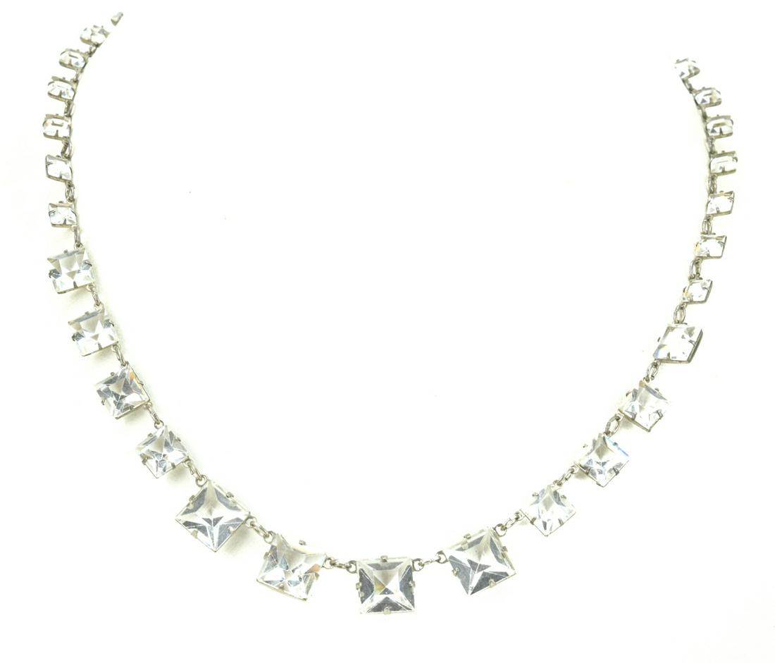 Antique Art Deco Sterling Crystal Fringe Necklace: Antique Art Deco Sterling Silver Crystal Fringe Necklace. Hallmarked on clasp. Measures 14 inches in length.