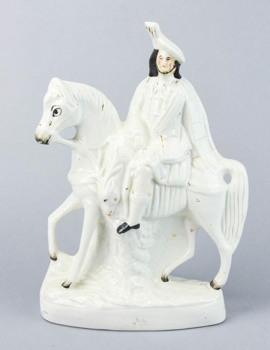 Antique 19th C Staffordshire Hunter on Horseback: Antique 19th C Staffordshire Statue of Scottish Highland Hunter on Horseback. Measures 14.5 inches x 9 inches x 3.5 inches.