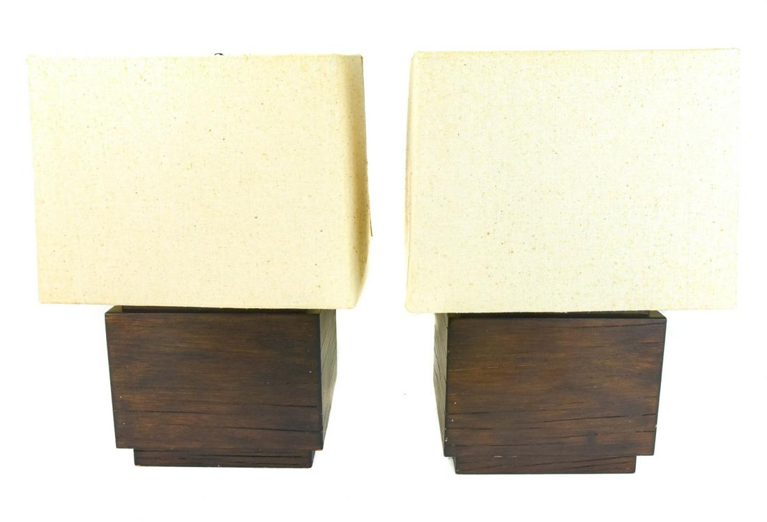Pair West Elm Square Wood Table Lamps w Shades (1 of 7)