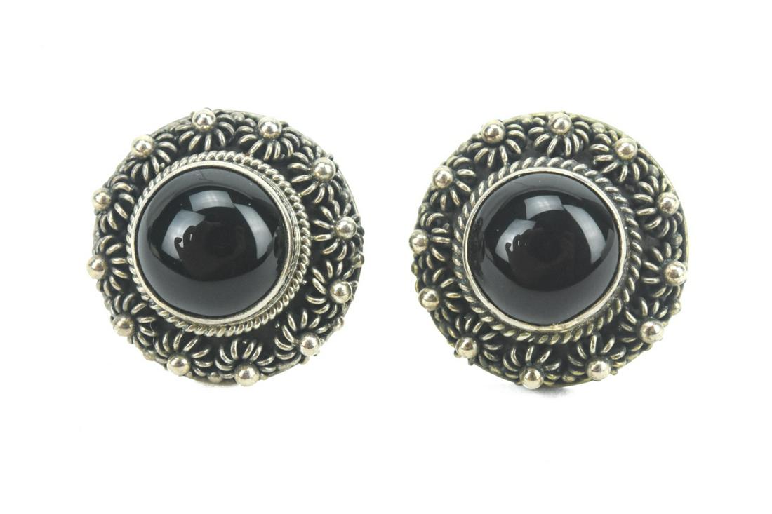 Etruscan Revival Sterling & Onyx Cabochon Earrings (1 of 5)