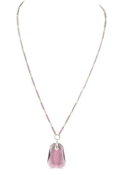 Antique Art Deco Czech Crystal & Enamel Necklace: Antique Art Deco Czech Crystal & Enamel Necklace. Unmarked, likely Czech in origin. Silver tone with enamel links and pink crystal pendant. Chain measures approximately 20 inches in length.