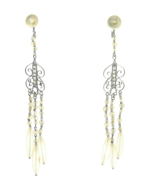Pair Antique Edwardian Silver & Glass Earrings: Pair Antique Edwardian Silver & Frosted Art Glass Earrings. Screw backs. Each measures just 4 inches in length.
