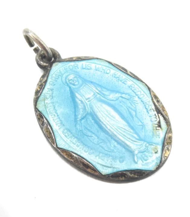 Antique Sterling & Blue Enamel Virgin Mary Pendant (1 of 5)