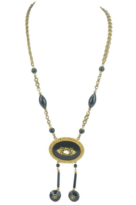 Antique French Art Deco Gilt, Jet & Pearl Necklace: Antique 1920s French Art Deco Era Gilt Metal, French Jet & Pearl Necklace w Tassel Trim. Marked on back MADE IN FRANCE. Measures 22 inches in length, plus the pendant and tassels.