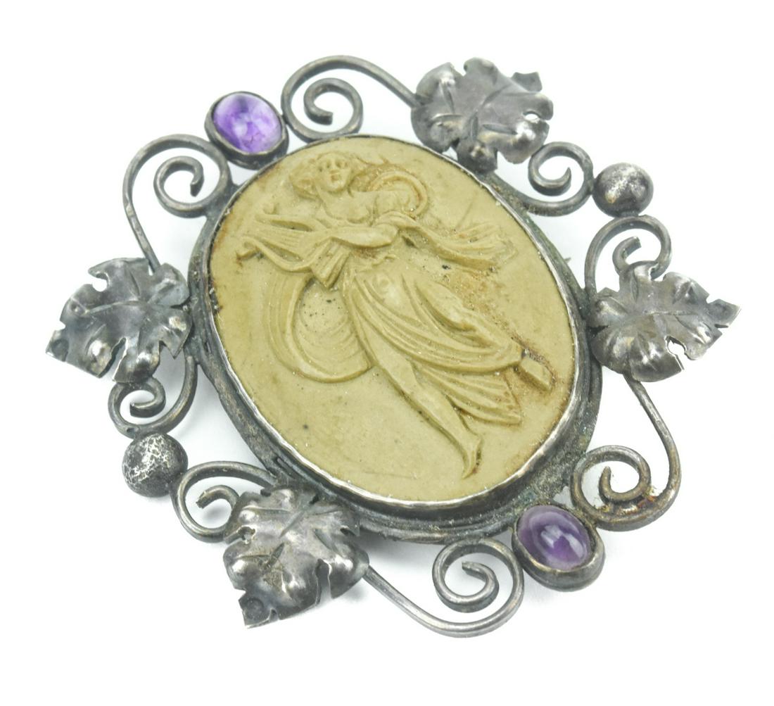 Antique 19th C Carved Lava Cameo w Amethyst (1 of 6)