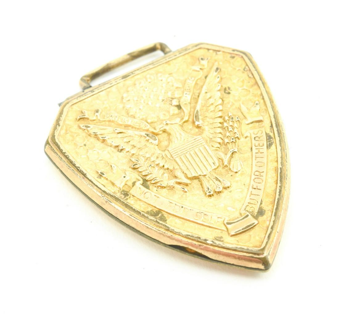 Antique American Eagle Gold Filled Locket Pendant: Antique American Eagle Gold Filled Locket Pendant. American coat of arms / eagle. Inscribed Not for Self but for Others. Measures 1.5 inches in length.