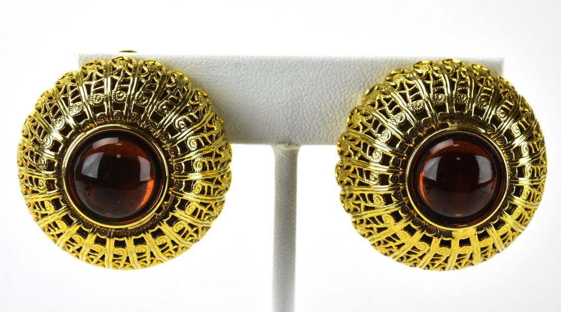 Pair C 1990 Gilt Filigree Dome & Cabochon Earrings (1 of 6)