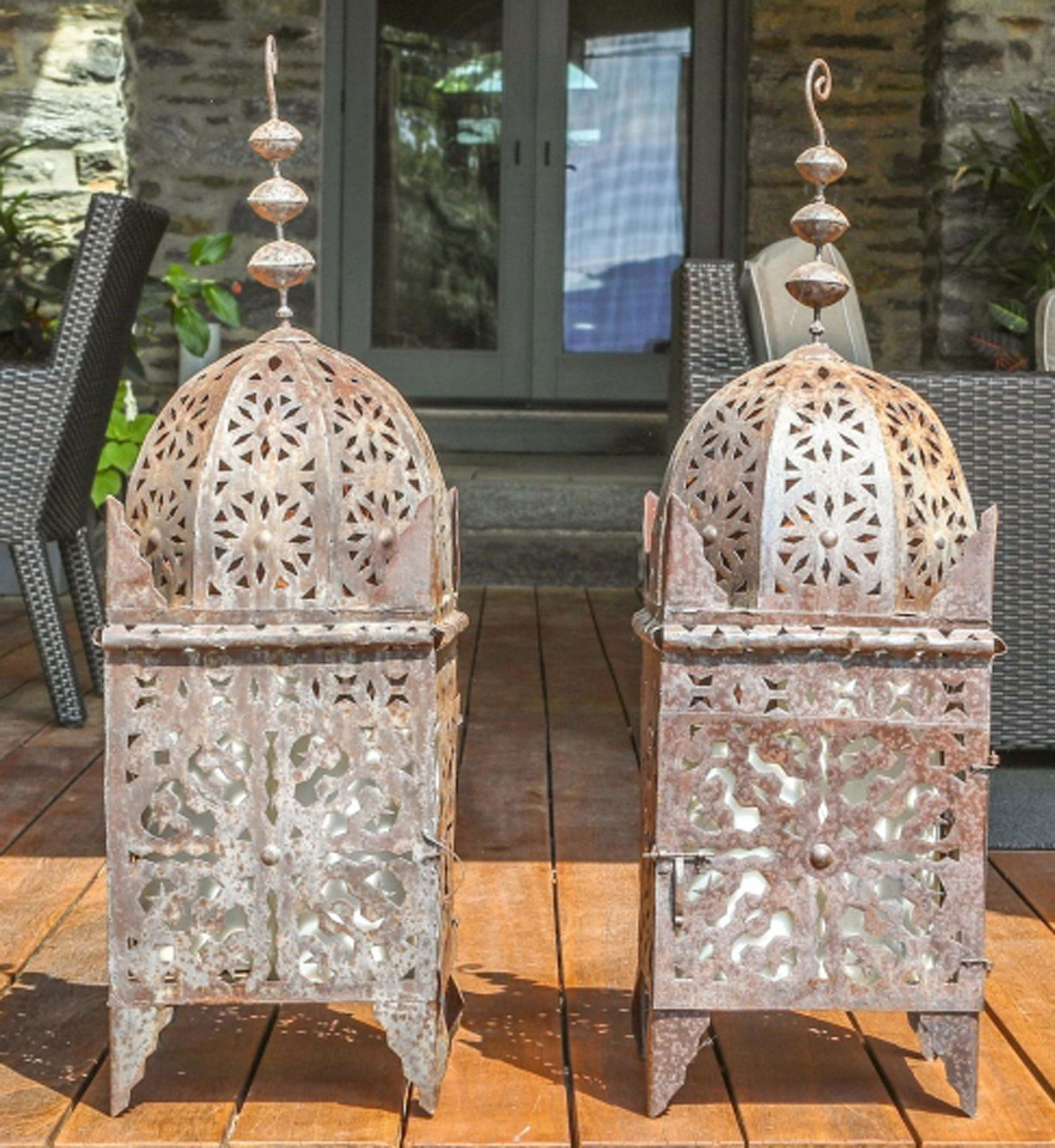 Pair Large Moroccan Pierced Tole Outdoor Lanterns (1 of 6)