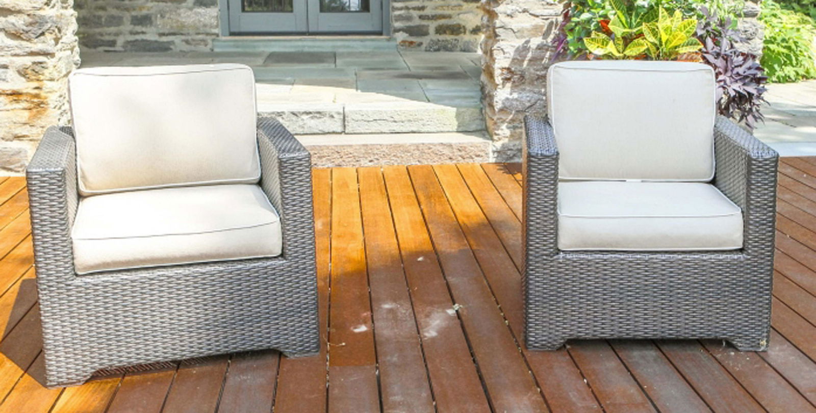 Pair Frontgate Faux Wicker Outdoor Club Chairs (1 of 6)