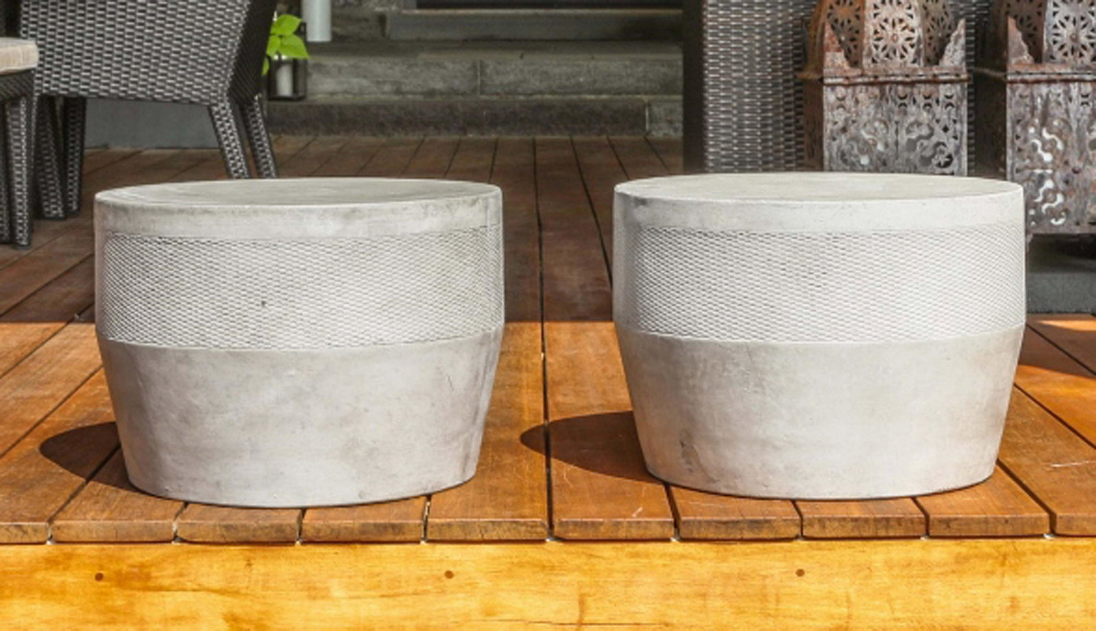 Pair Modern Outdoor Cement Garden Stools: Pair Modern Outdoor Cement Garden Stools. Measures 14 inches x 20 inches.