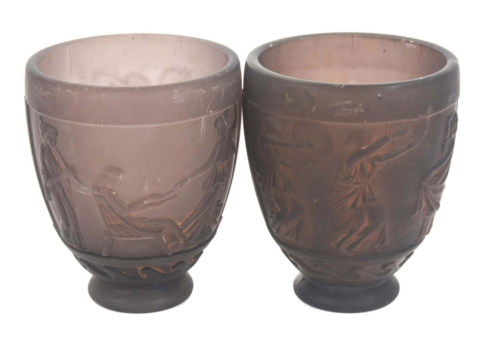 Pair Georges de Feure Glass Vases w Neoclassical: Pair Art Deco Georges de Feure Molded Glass Vases w Neoclassical Muses. Impressed signature to underside of base. Measures 5.5 inches x 4.75 inches.