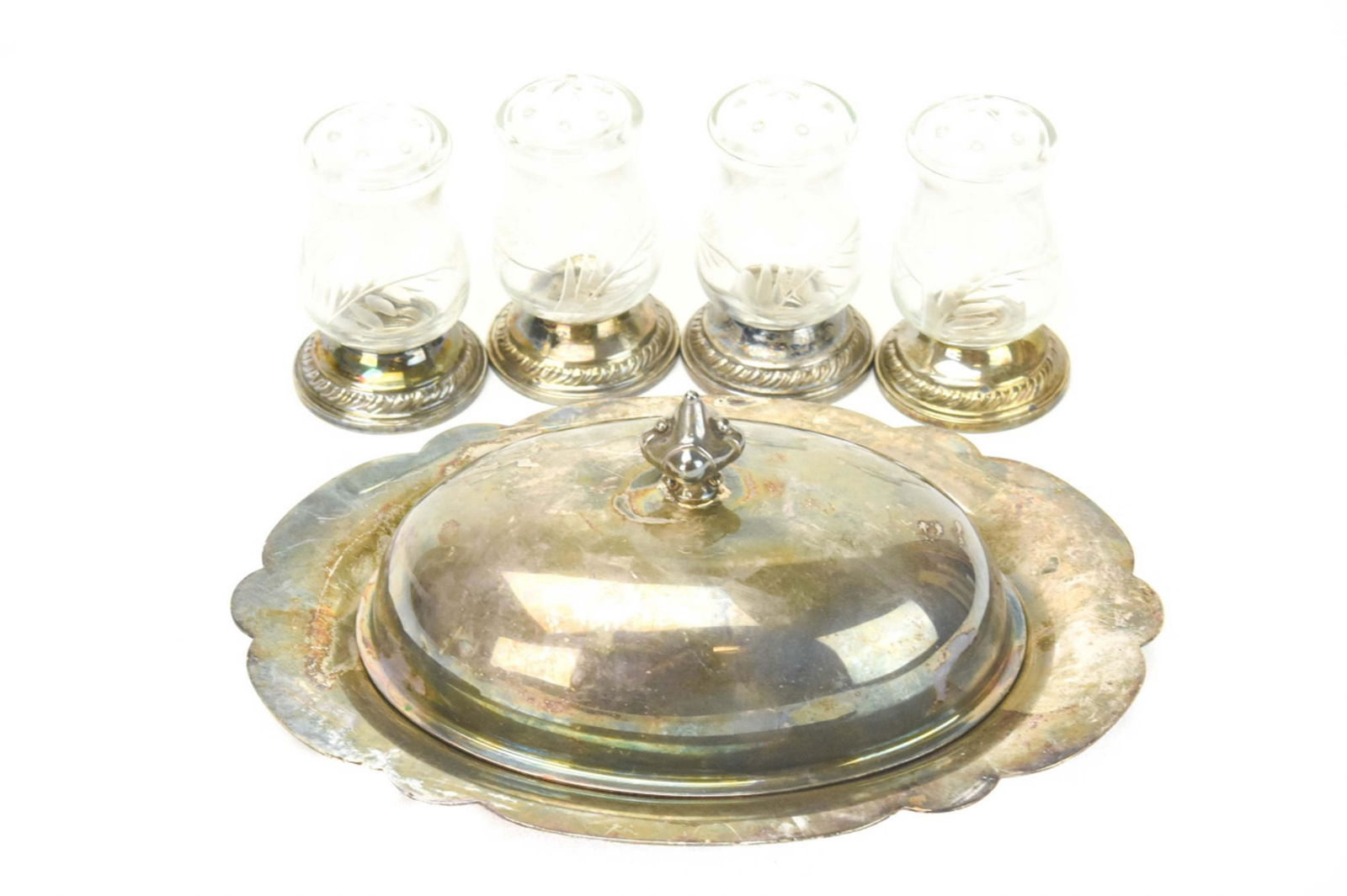 2 Pair Glass & Sterling  Shakers & Butter Dish (1 of 7)