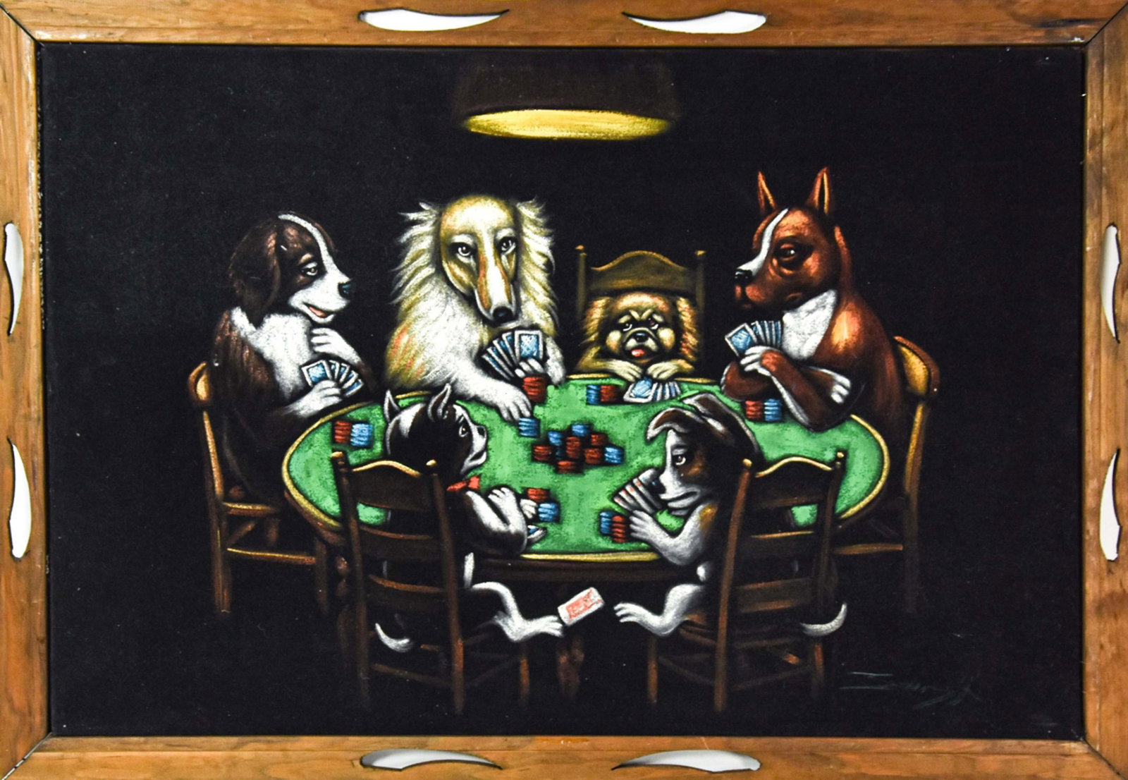 Dogs Playing Poker Acrylic Painting on Textile: Signed Dogs Playing Poker Acrylic Painting on Textile. Frame measure 40 inches x 28 inches. Window measures 36 inches x 24 inches.