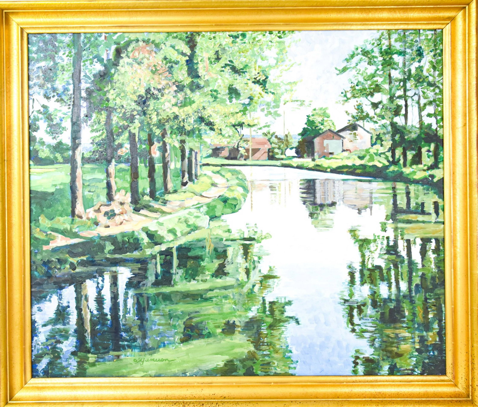 Signed Christine W Jamison Riverside Oil on Canvas: Signed Christine W Jamison Riverside House View Oil Painting on Canvas. Frame measures 41 inches x 34.5 inches. Window measures 35 inches x 29.5 inches.