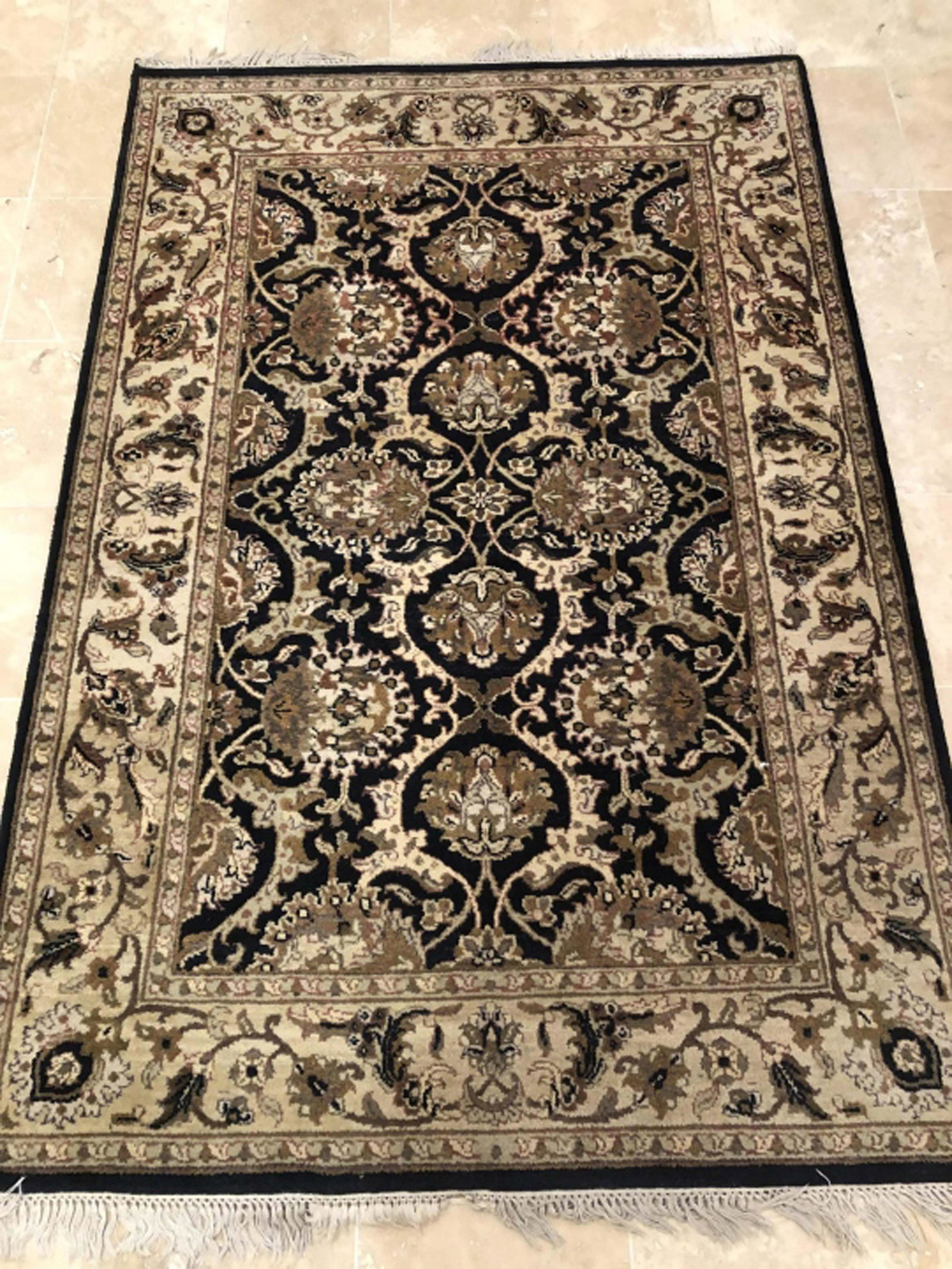 Hand Knotted Persian Style Area Carpet: Hand Knotted Persian Style Area Carpet in Blue, Brown, Ivory Color Ways. 4 Feet x 6.5 feet
