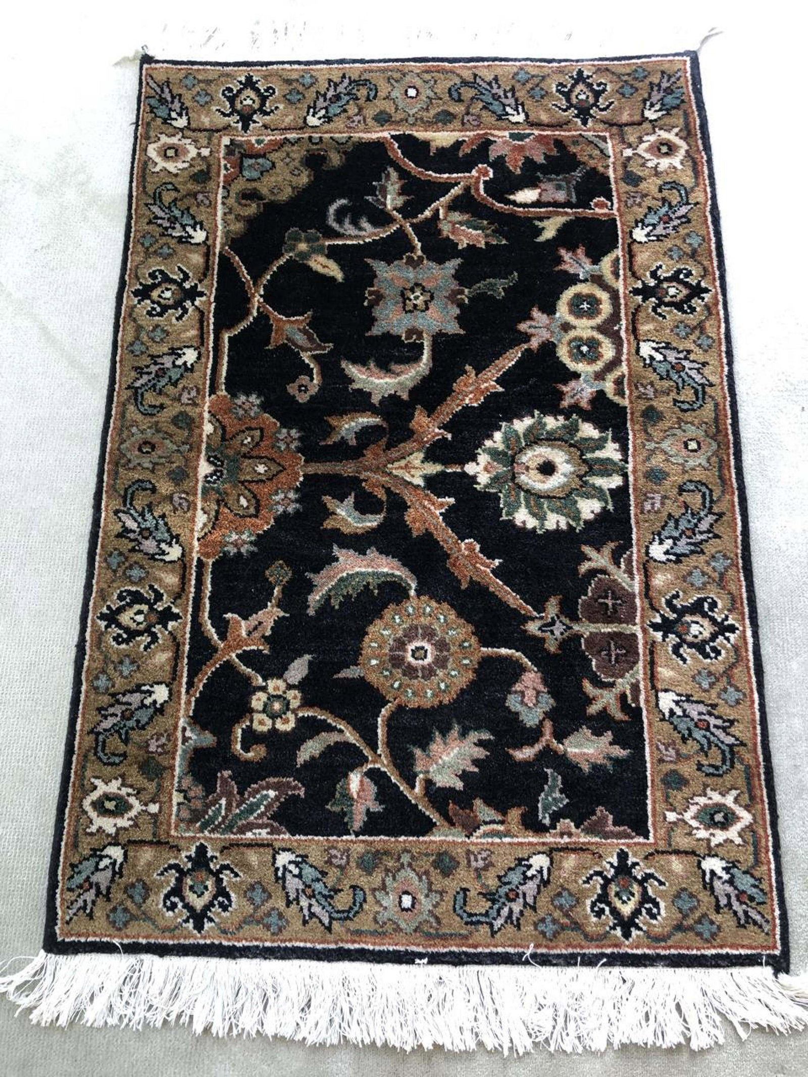 Hand Knotted Persian Style Area Carpet: Hand Knotted Persian Style Area Carpet in Sage, Taupe, Black, Teal, Rust and Ivory Color Ways. 25 inches x 42 inches