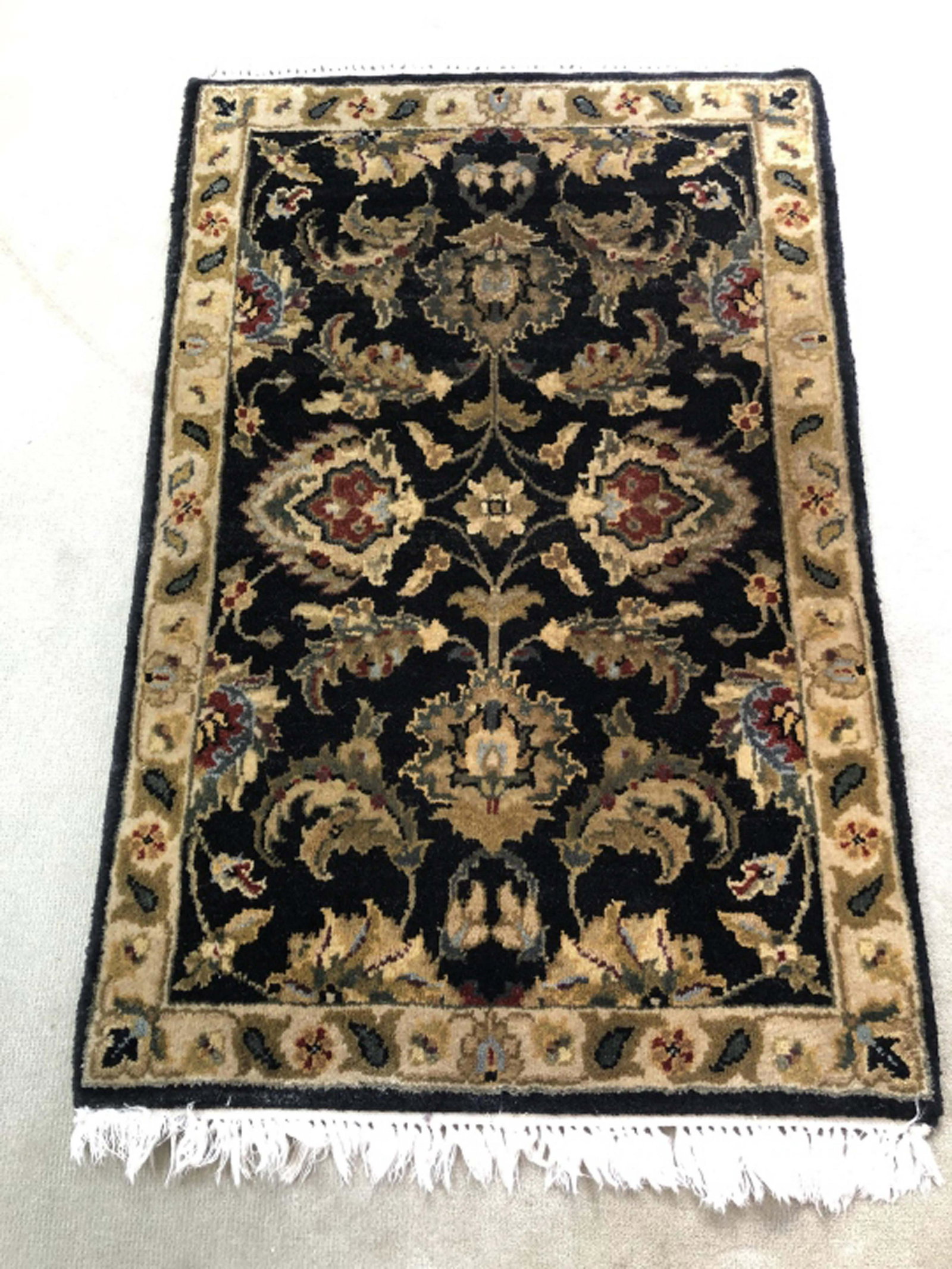 Hand Knotted Persian Style Area Carpet: Hand Knotted Persian Style Area Carpet in Sage, Taupe,Black, Teal, and Ivory Color Ways. 25 inches x 41 inches