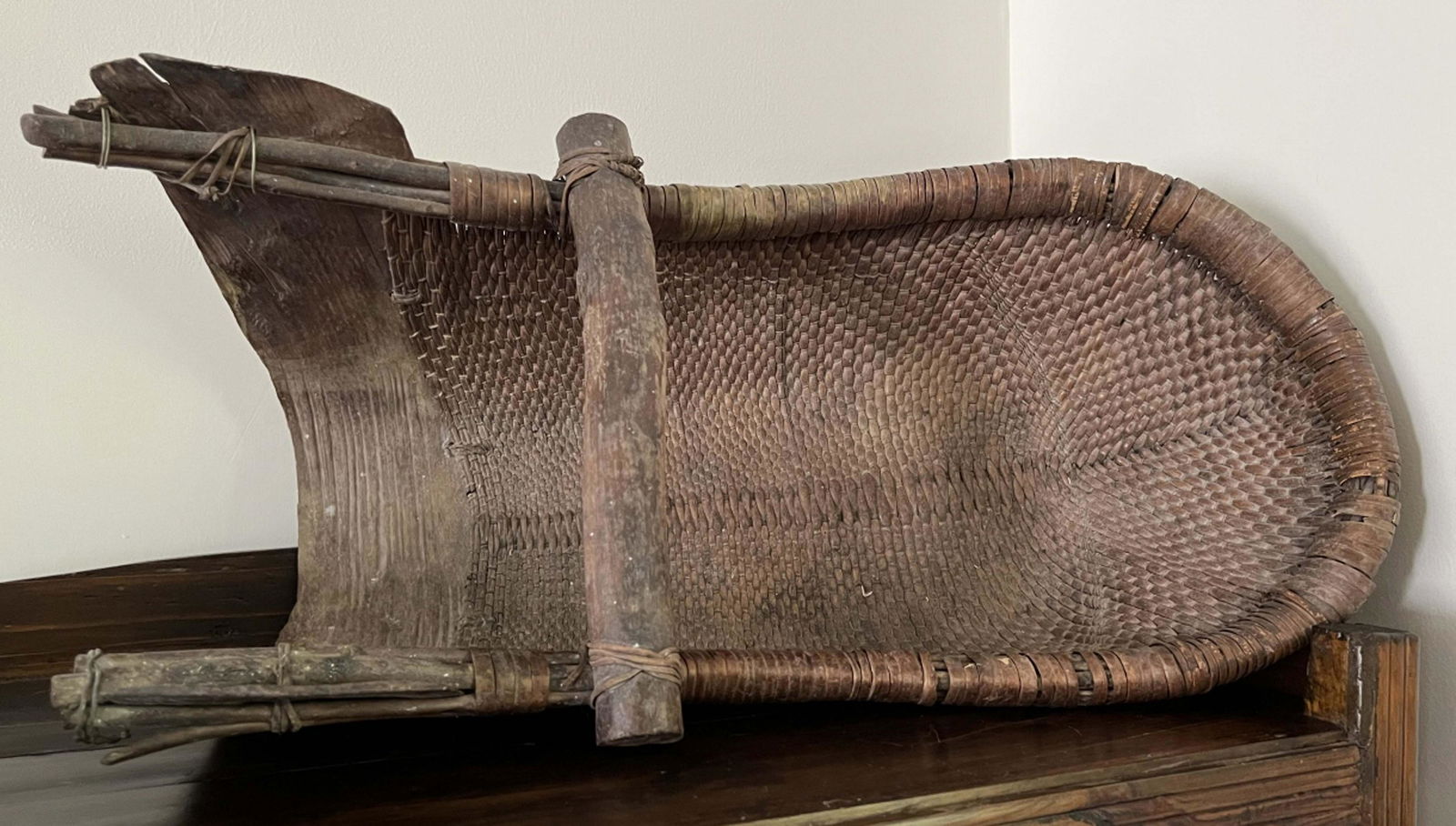 Antique Chinese Wicker & Wooden Basket (1 of 4)