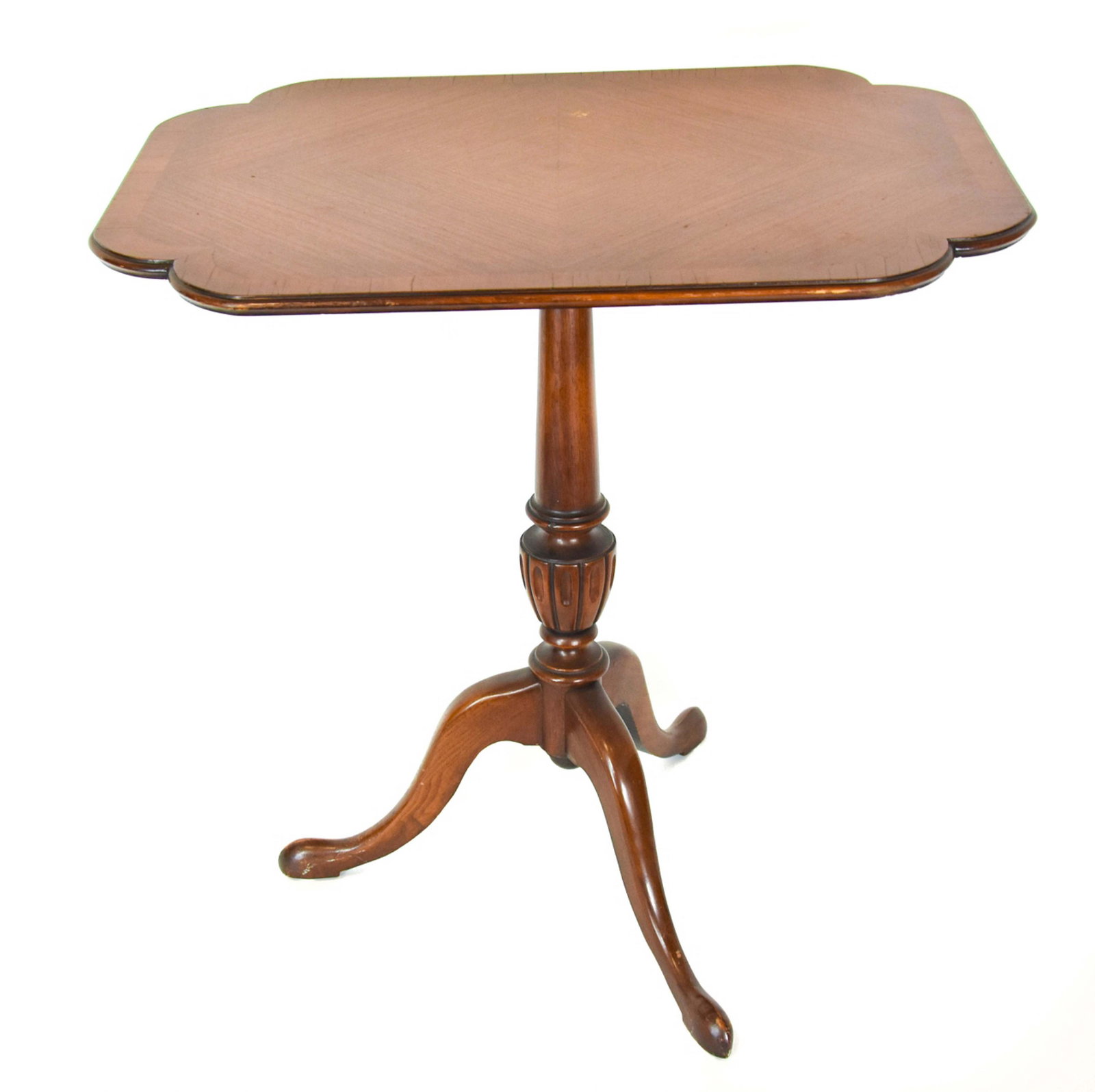 Bookmatched Mahogany Flip Top Tea Table: Bookmatched Mahogany Flip Top Tea Table. Measures 27 inches x 26 inches x 20 inches.