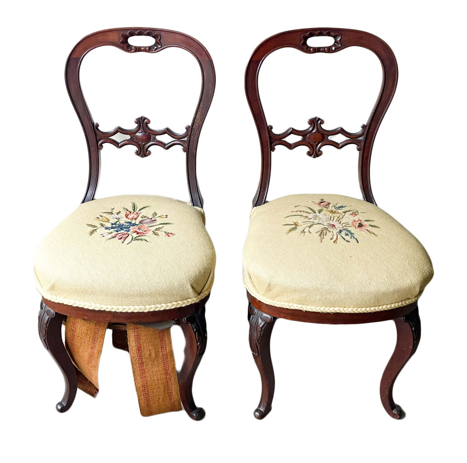 Pair Antique 19th C Victorian Needlepoint Chairs (1 of 8)