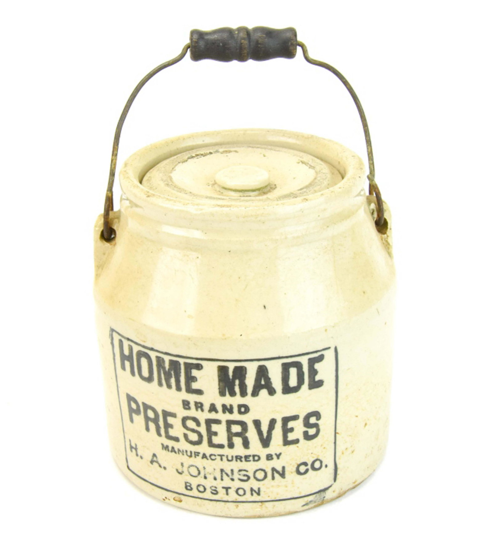 Antique H.A. Johnson Co Boston Stoneware Crock: Antique H.A. Johnson Co Boston Advertising Stoneware Crock. Crock reads " Home Made Brand Preserves Manufactured by H.A. Johnson Co. Boston." Measures 6.25 inches x 6 inches in diameter.