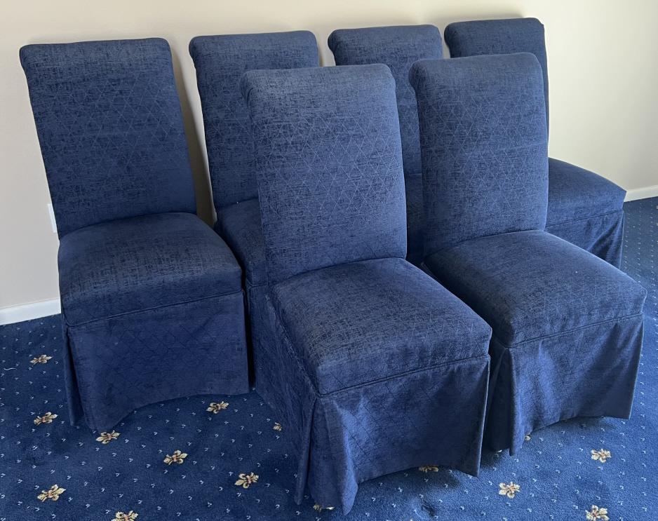 Set of Six Custom Upholstered Dining Room Chairs: Set of Six Custom Upholstered Dining Room Chairs. Each measures 39 x 19 x 20 inches.