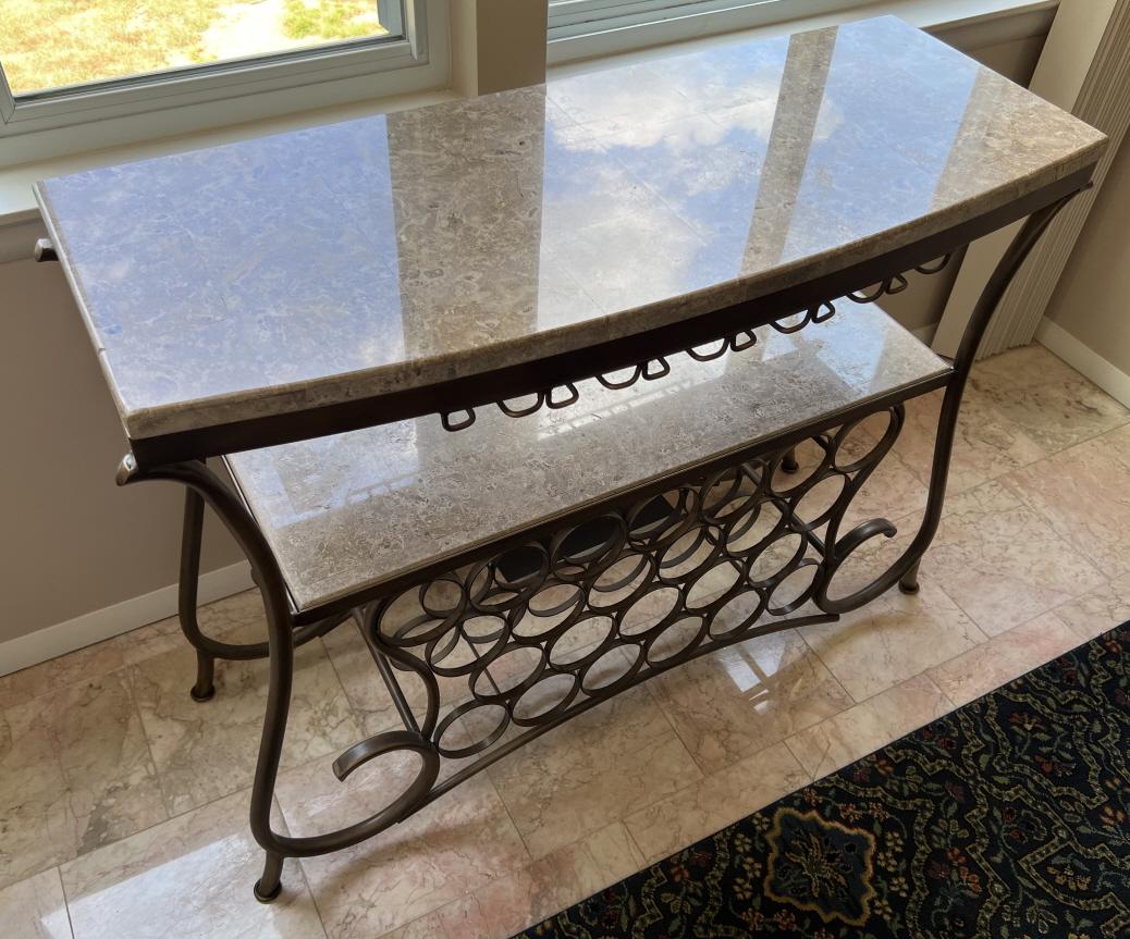 Contemporary Marble & Wrought Iron Wine Console: Contemporary Marble & Wrought Iron Buffet w Built in Wine Rack / Console. Measures 36 x 46 x 18 inches.