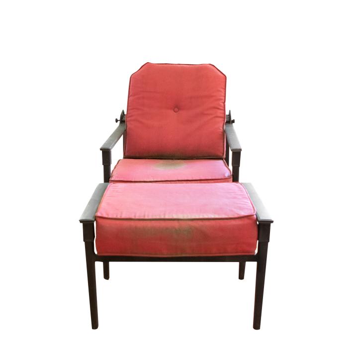 Set 4 Outdoor Reclining Chairs & Ottomans: Set 4 Outdoor Reclining Chairs & Ottomans. Measures 38 inches x 55 inches x 27.5 inches.