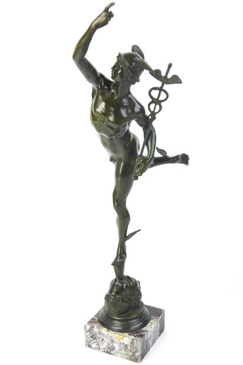 Bronze Marble Mounted Statue of Mercury Hermes: Bronze Marble Mounted Statue of Mercury Hermes. 21 inches x 4 inches x 4 inches.