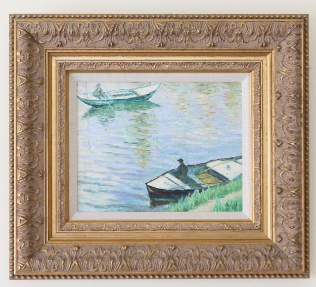 Antique Impressionist Oil Painting of Rowboats: Antique Framed Impressionist Oil Painting of Rowboats on the River by Paish. 15 inches x 17 inches