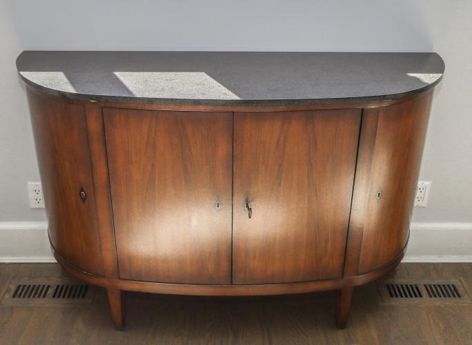Black Granite Demilune Credenza: Black Granite Demilune Credenza. Measures 34 inches x 55 inches x 18.5 inches.