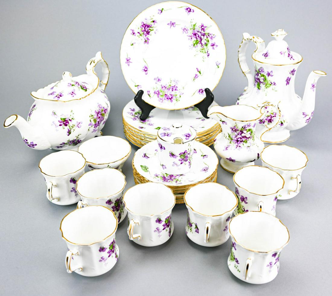 Spode Victorian Violets Bone China Tea Set for 8: Spode Victorian Violets Bone China Tea Set for 8. Includes teapot, coffee pot, sugar, creamer, waste bowl, teacups and saucers, and lunch plates. In gently used condition. Measures 8 inches in diamete