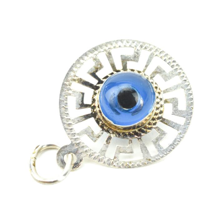 Sterling & Art Glass Greek Key Evil Eye Pendant: Sterling Silver & Art Glass Greek Key Evil Eye Pendant. Measures just under 1 inch in length.
