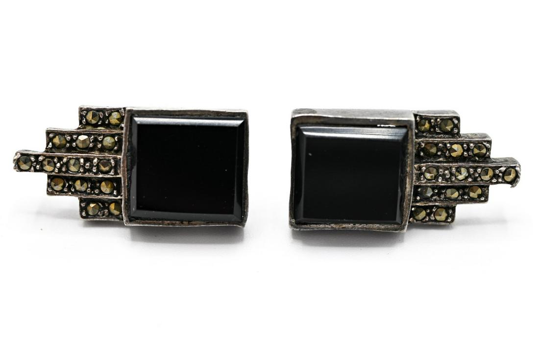 Sterling Art Deco Style Onyx & Marcasite Earrings: Sterling Art Deco Style Onyx & Marcasite Earrings. Each measures 1 inch in length.