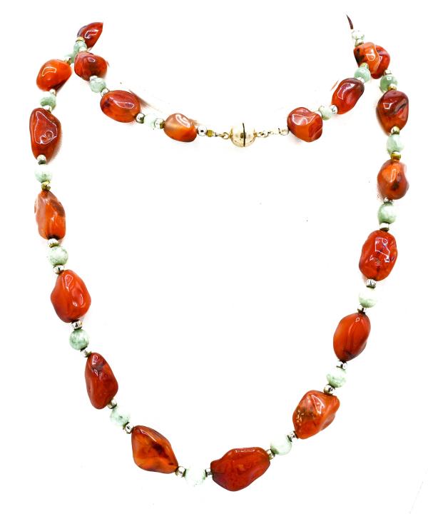 Tumbled Carnelian & Round Agate Bead Necklace: Tumbled Carnelian & Round Agate Bead Necklace. Measures 31 inches in length.