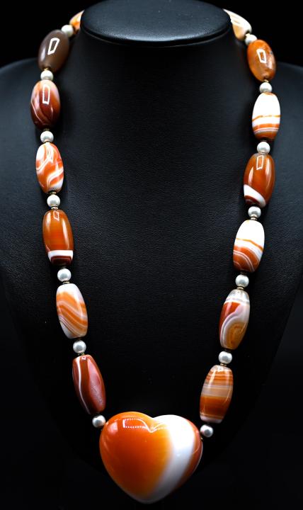 Banded Agate Bead Necklace w Large Heart Pendant (1 of 6)
