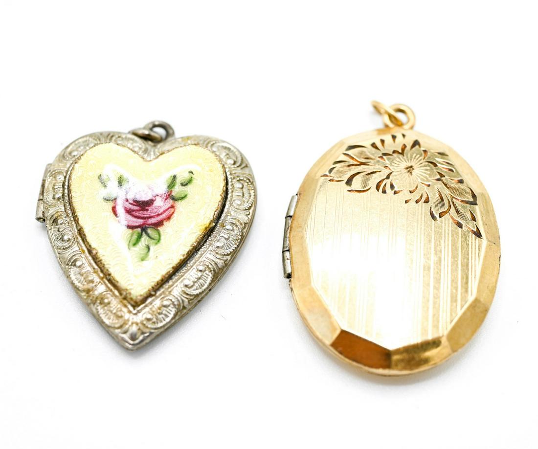 Vintage Gold Filled & Guilloche Enamel Lockets: Vintage Gold Filled & Guilloche Enamel Locket Necklace Pendants. Heart measures just over 1 inch in length.